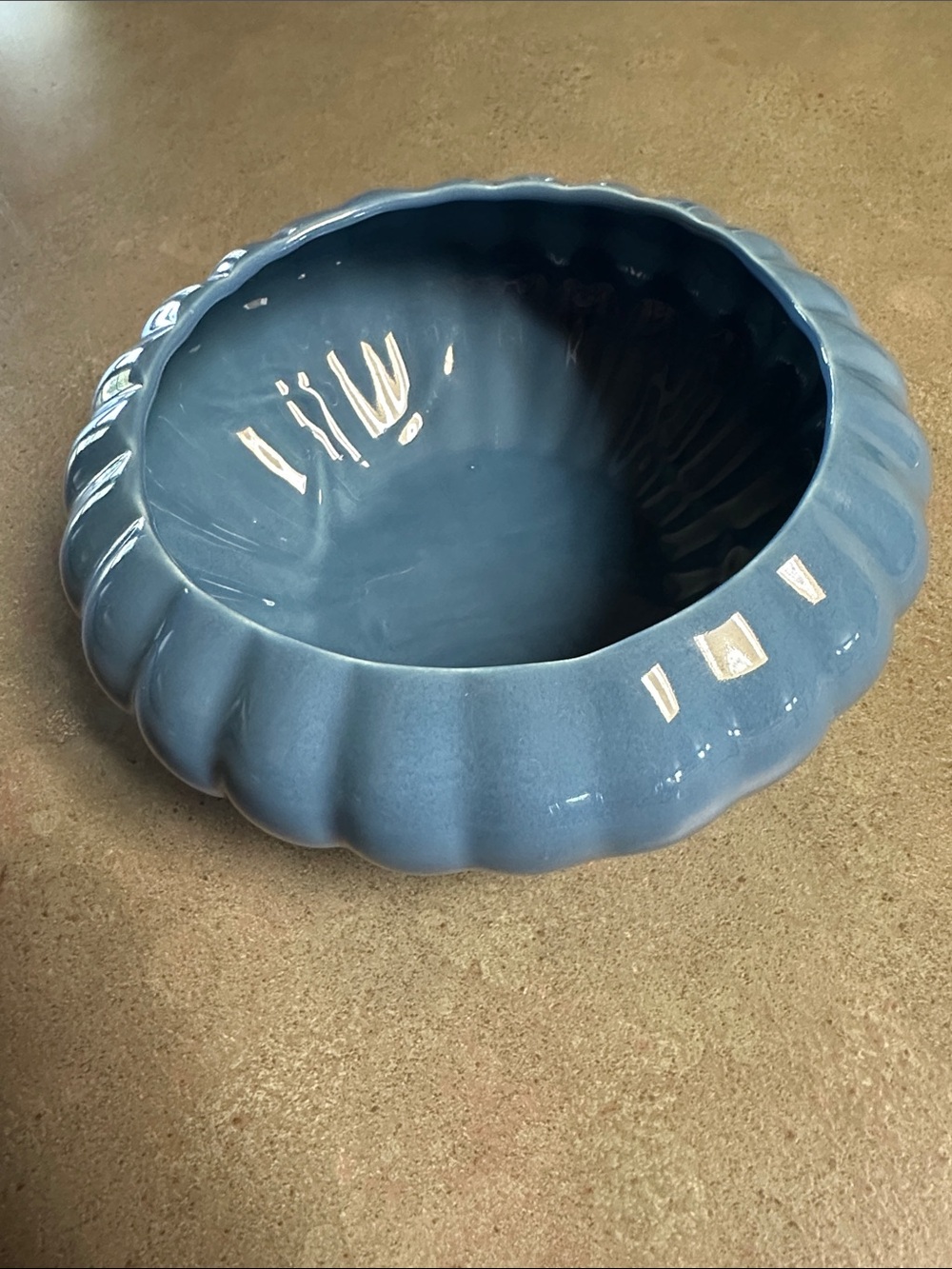 Vintage Blue Ceramic Scalloped Planter Bowl